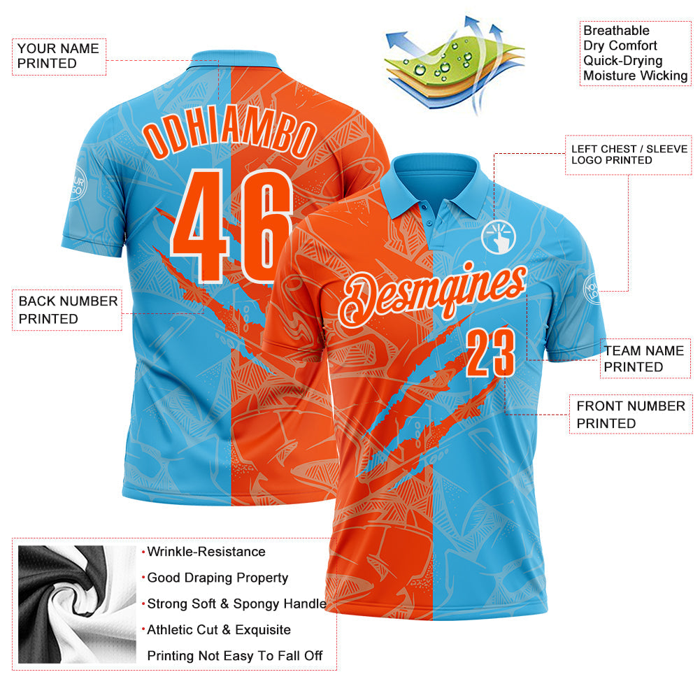 Custom Graffiti Pattern Orange Sky Blue-White 3D Scratch Performance Polo Shirt