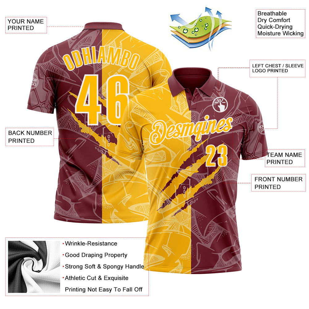 Custom Graffiti Pattern Gold Burgundy-White 3D Scratch Performance Polo Shirt