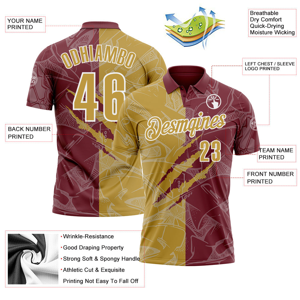 Custom Graffiti Pattern Old Gold Burgundy-White 3D Scratch Performance Polo Shirt