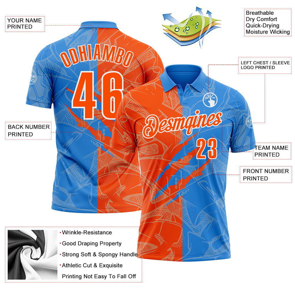 Custom Graffiti Pattern Orange Powder Blue-White 3D Scratch Performance Polo Shirt