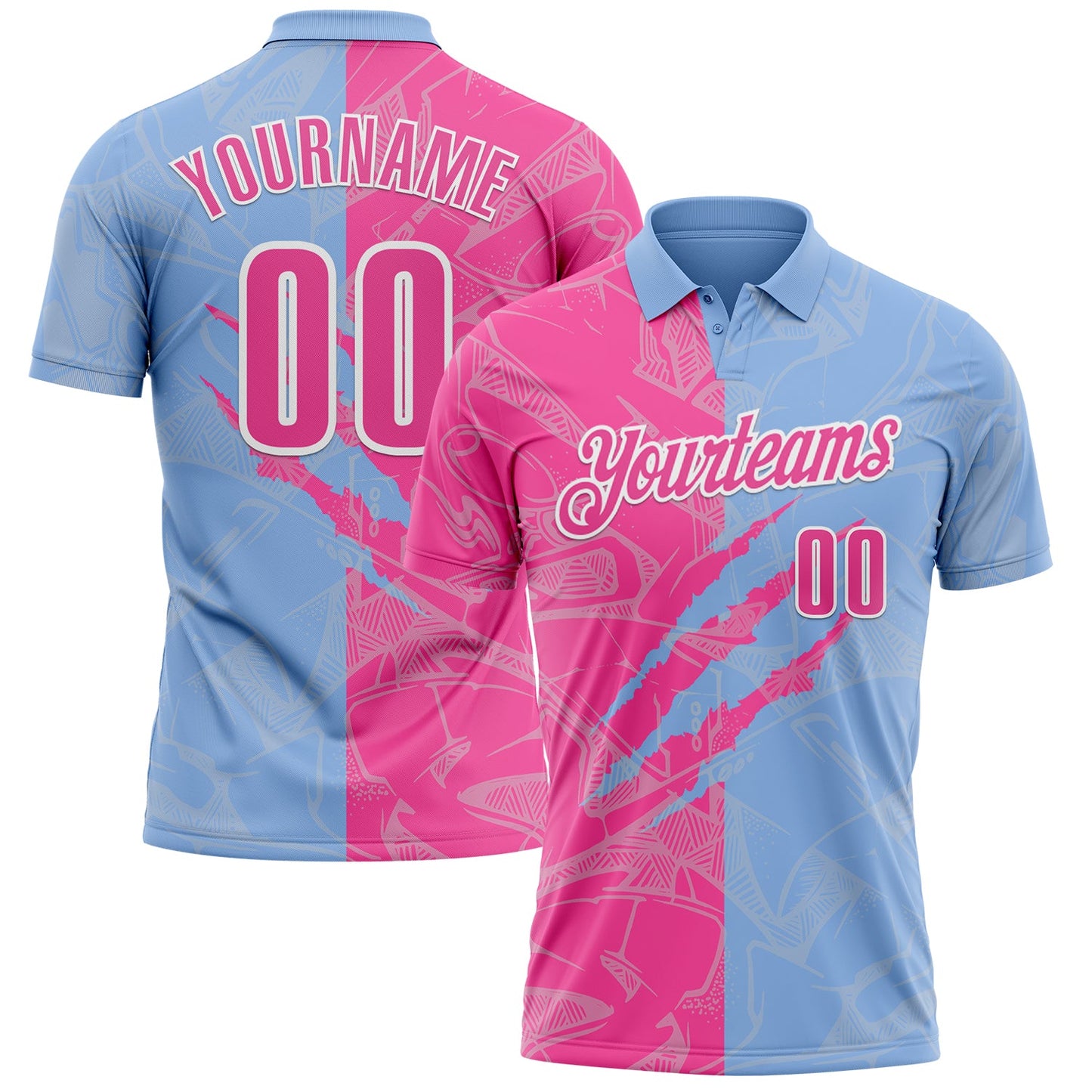 Custom Graffiti Pattern Pink Light Blue-White 3D Scratch Performance Polo Shirt