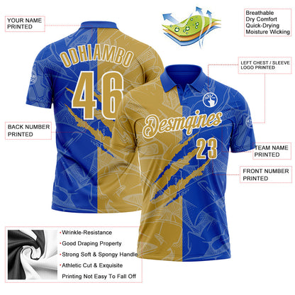 Custom Graffiti Pattern Old Gold Thunder Blue-White 3D Scratch Performance Polo Shirt