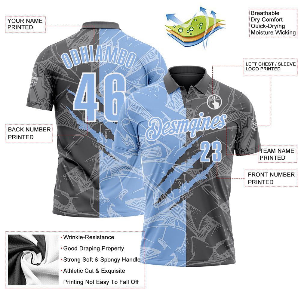 Custom Graffiti Pattern Light Blue Steel Gray-White 3D Scratch Performance Polo Shirt