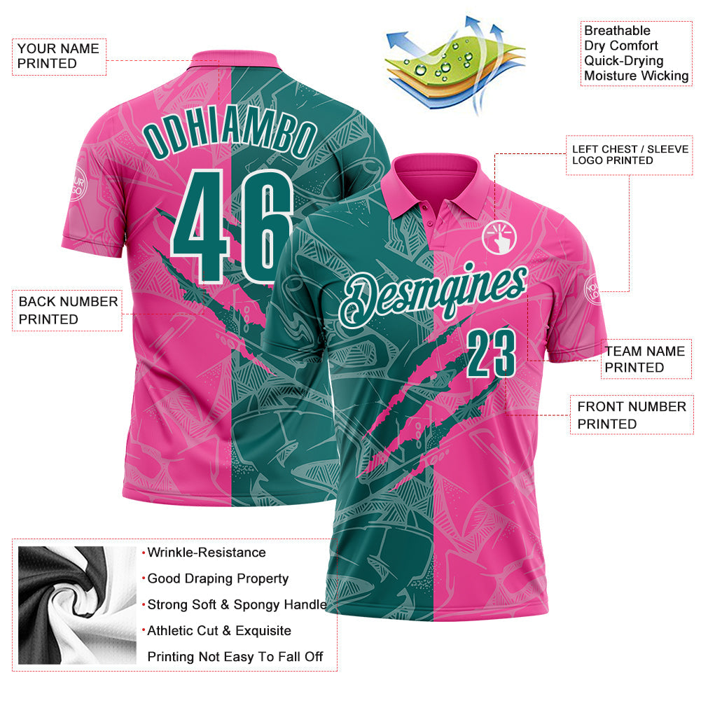 Custom Graffiti Pattern Teal Pink-White 3D Scratch Performance Polo Shirt