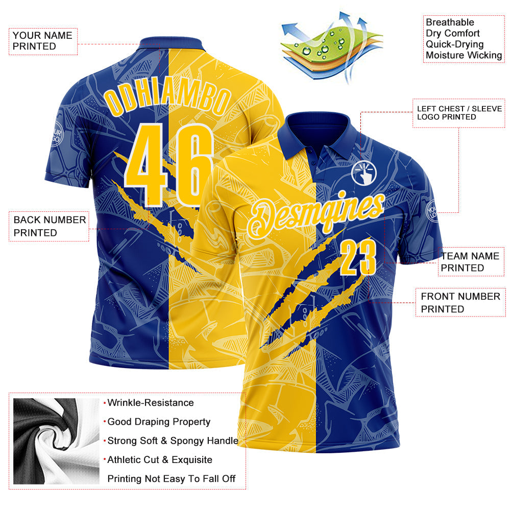 Custom Graffiti Pattern Yellow Royal-White 3D Scratch Performance Polo Shirt
