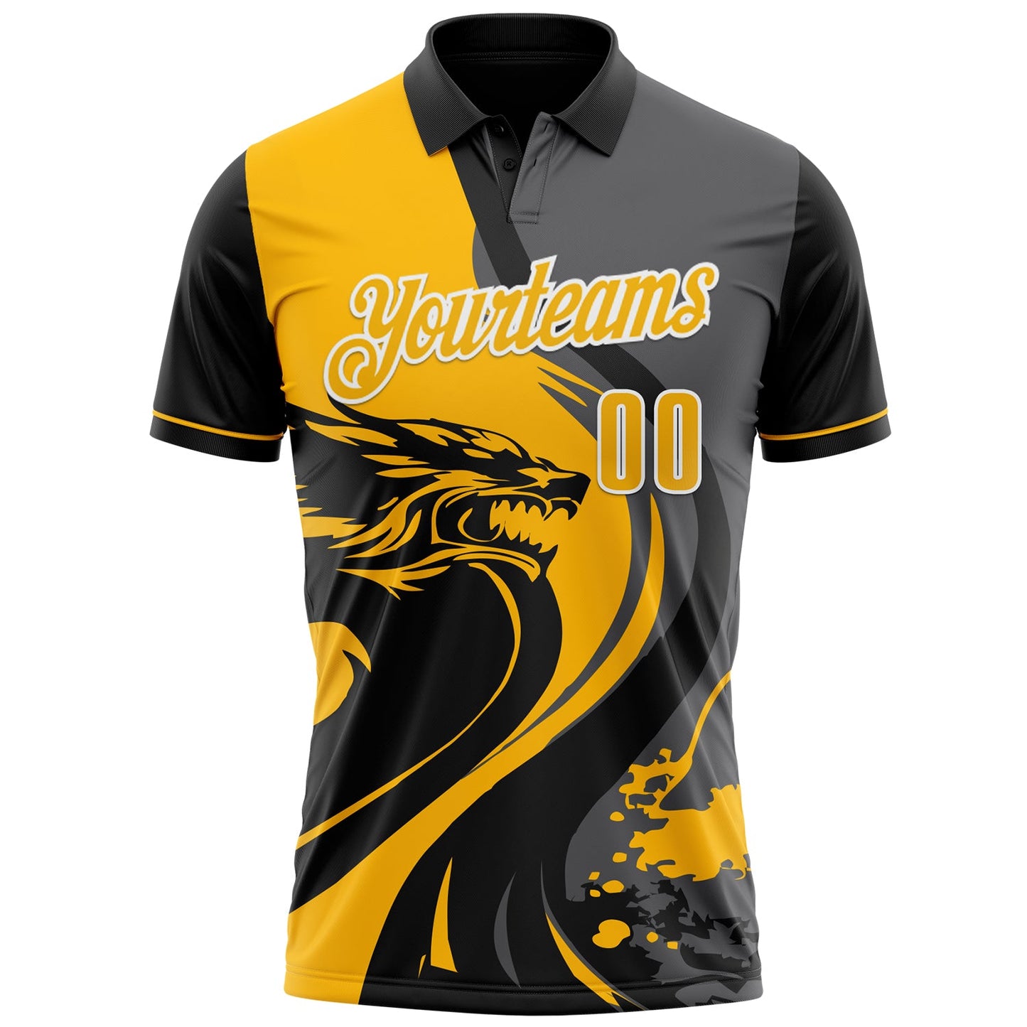 Custom Black Gold Steel Gray-White 3D Pattern Design Animal Wolf And Splash Performance Polo Shirt