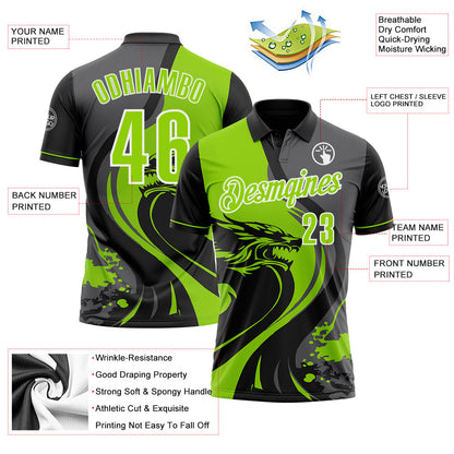 Custom Black Neon Green Steel Gray-White 3D Pattern Design Animal Wolf And Splash Performance Polo Shirt