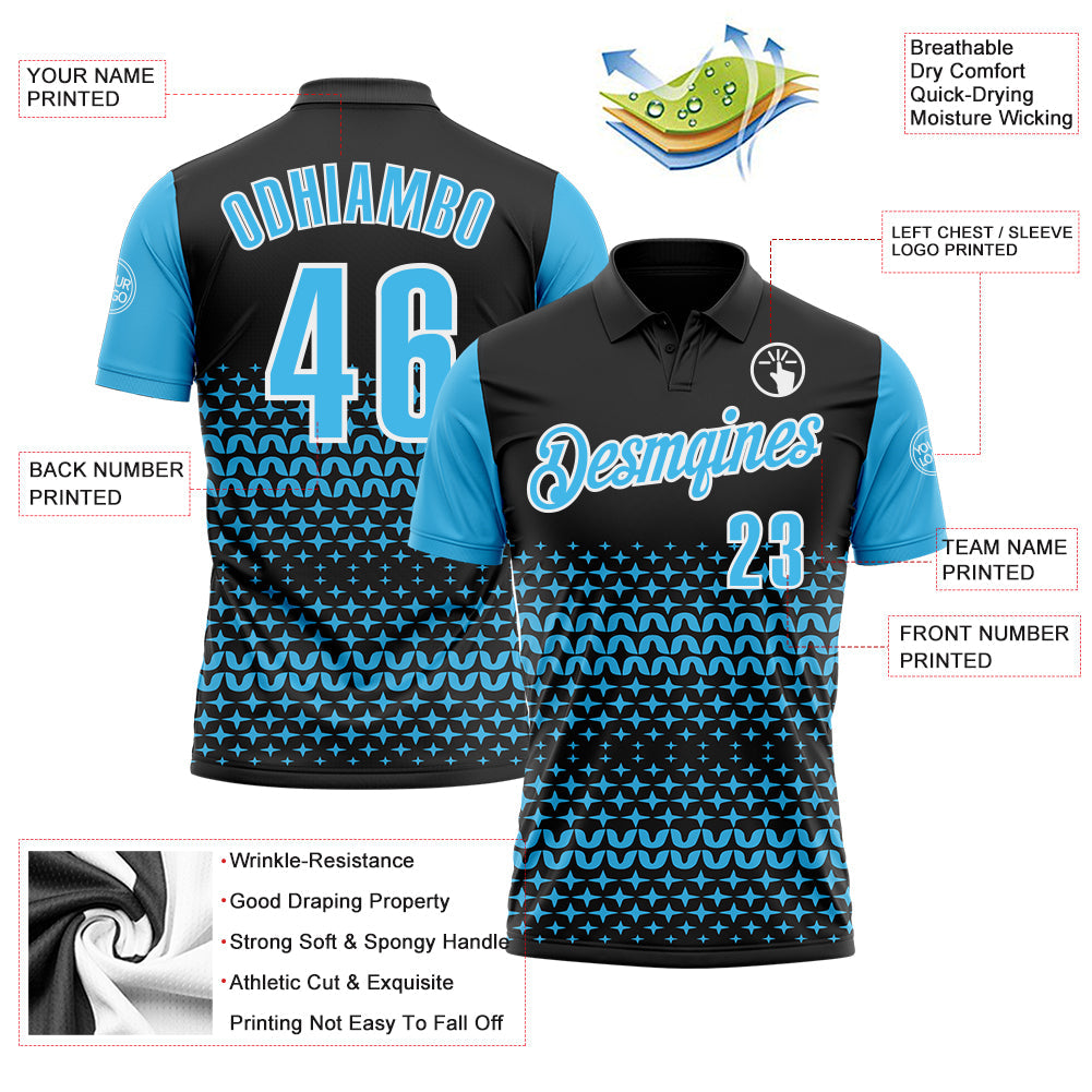 Custom Black Sky Blue-White 3D Pattern Design Star Performance Polo Shirt