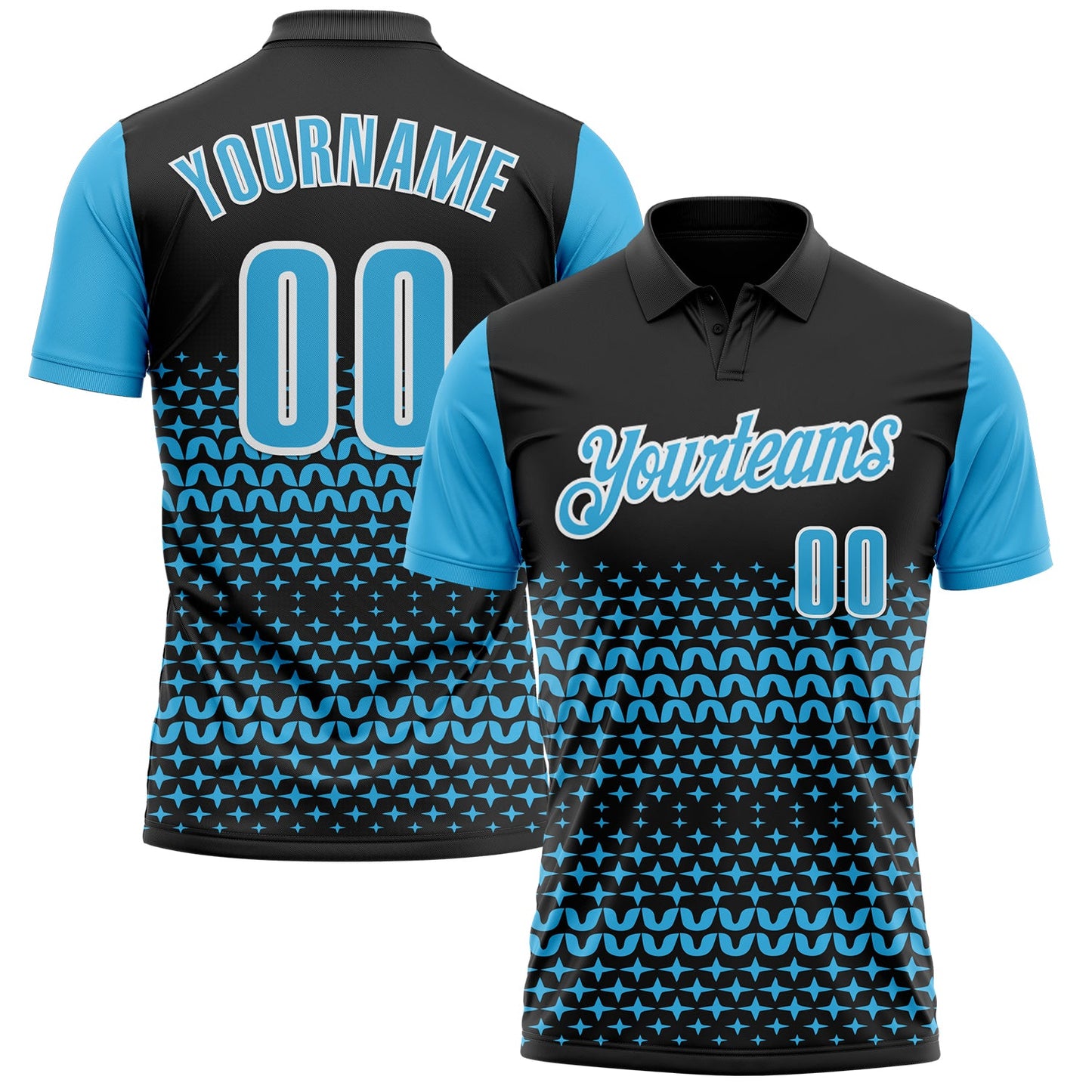 Custom Black Sky Blue-White 3D Pattern Design Star Performance Polo Shirt