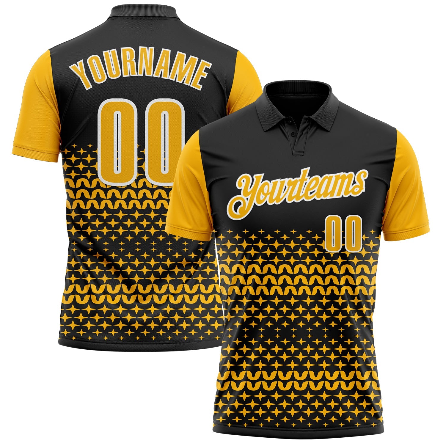 Custom Black Gold-White 3D Pattern Design Star Performance Polo Shirt