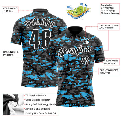 Custom Black Steel Gray Sky Blue-White 3D Pattern Design Splash Performance Polo Shirt