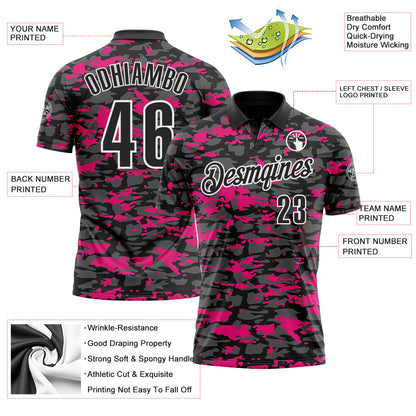 Custom Black Steel Gray Hot Pink-White 3D Pattern Design Splash Performance Polo Shirt