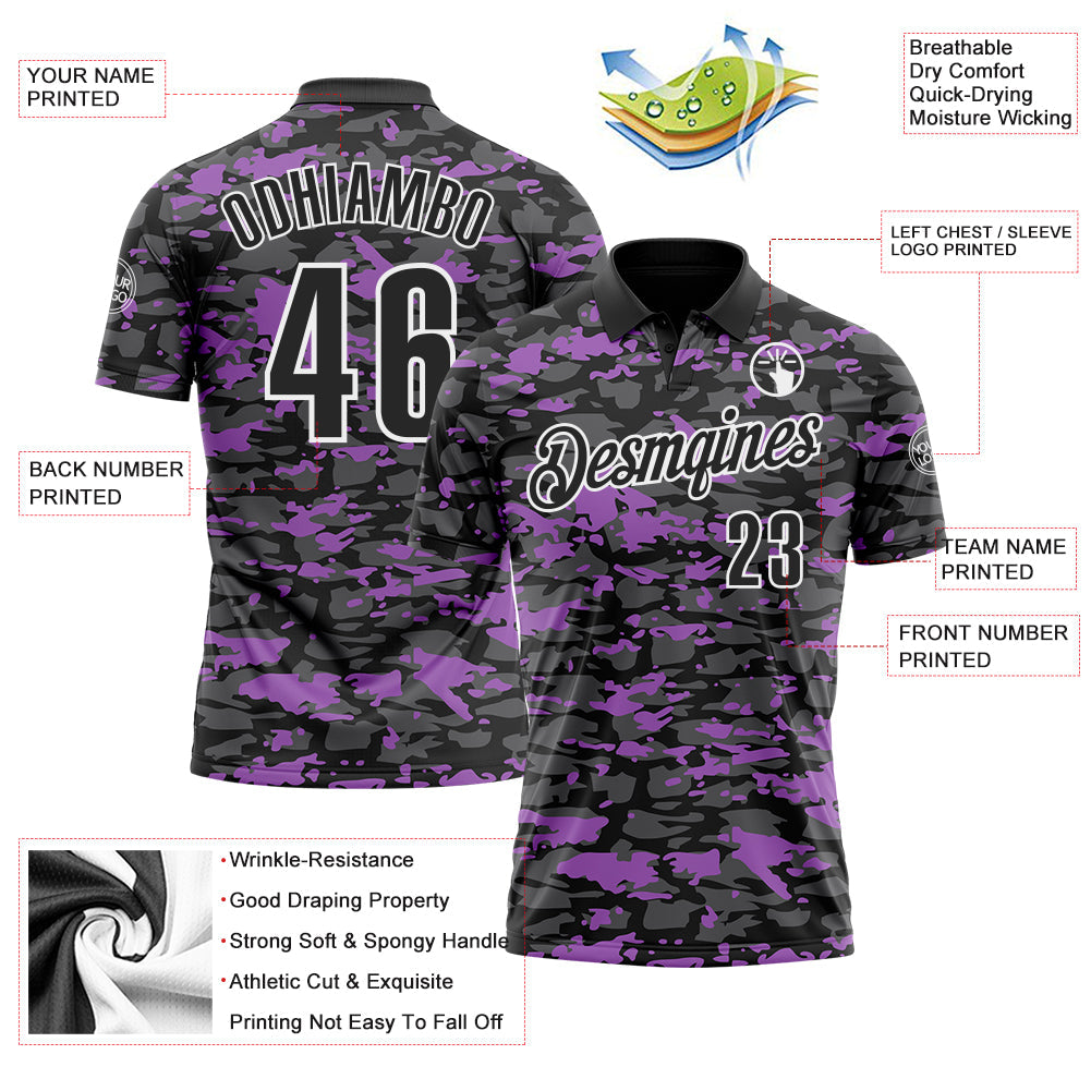 Custom Black Steel Gray Medium Purple-White 3D Pattern Design Splash Performance Polo Shirt