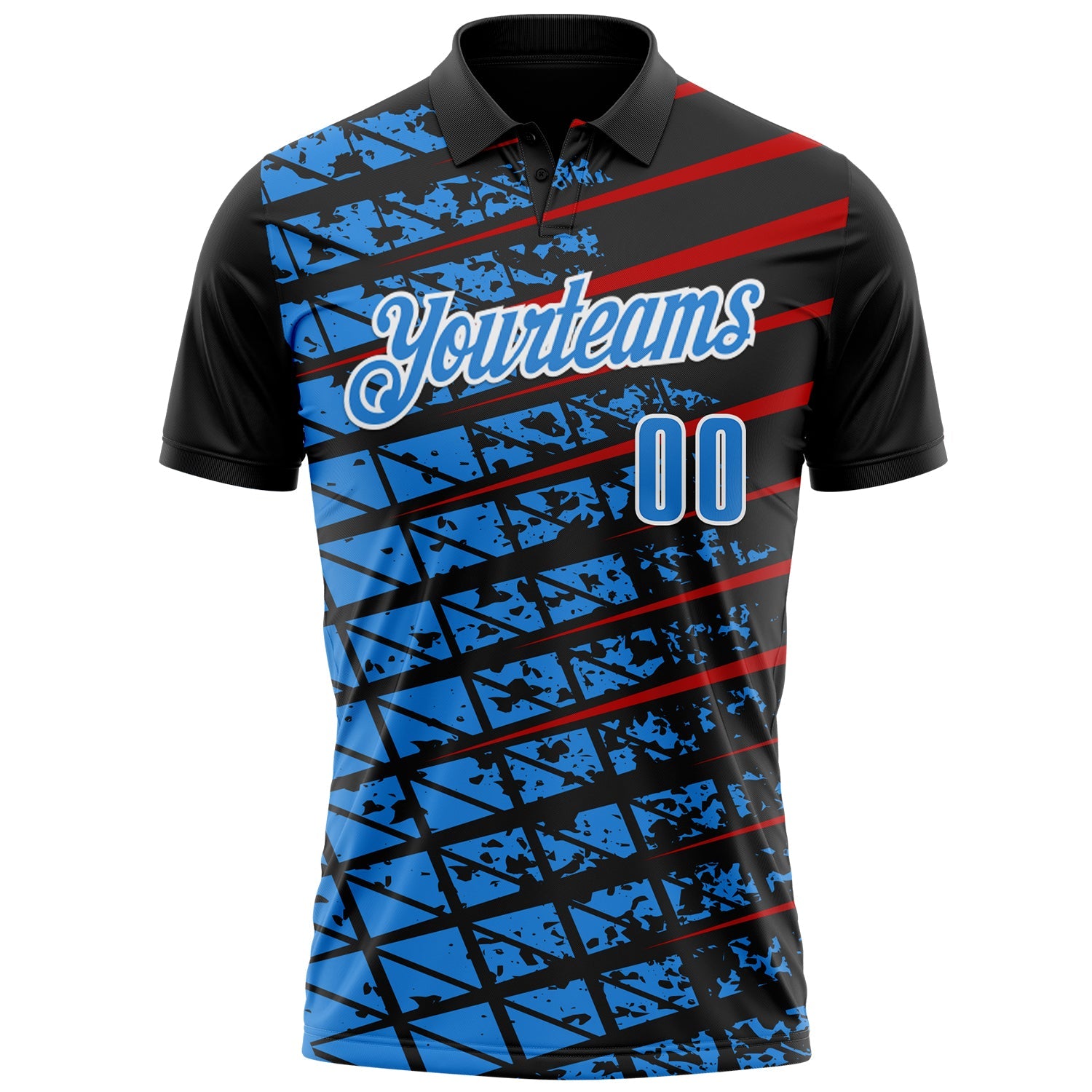 Custom Black Powder Blue Red-White 3D Pattern Design Grid And Fragment Art Performance Polo Shirt