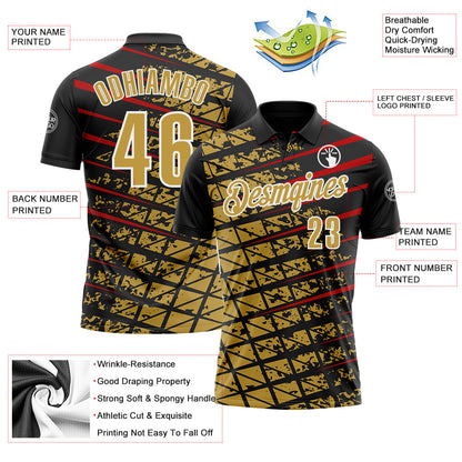 Custom Black Old Gold Red-White 3D Pattern Design Grid And Fragment Art Performance Polo Shirt