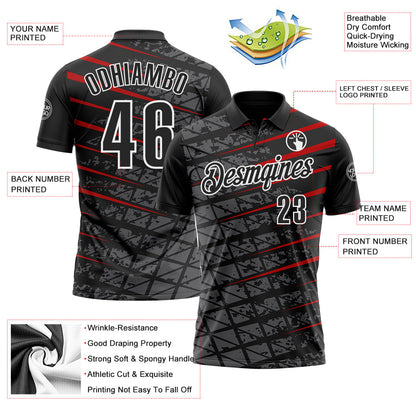 Custom Black Steel Gray Red-White 3D Pattern Design Grid And Fragment Art Performance Polo Shirt