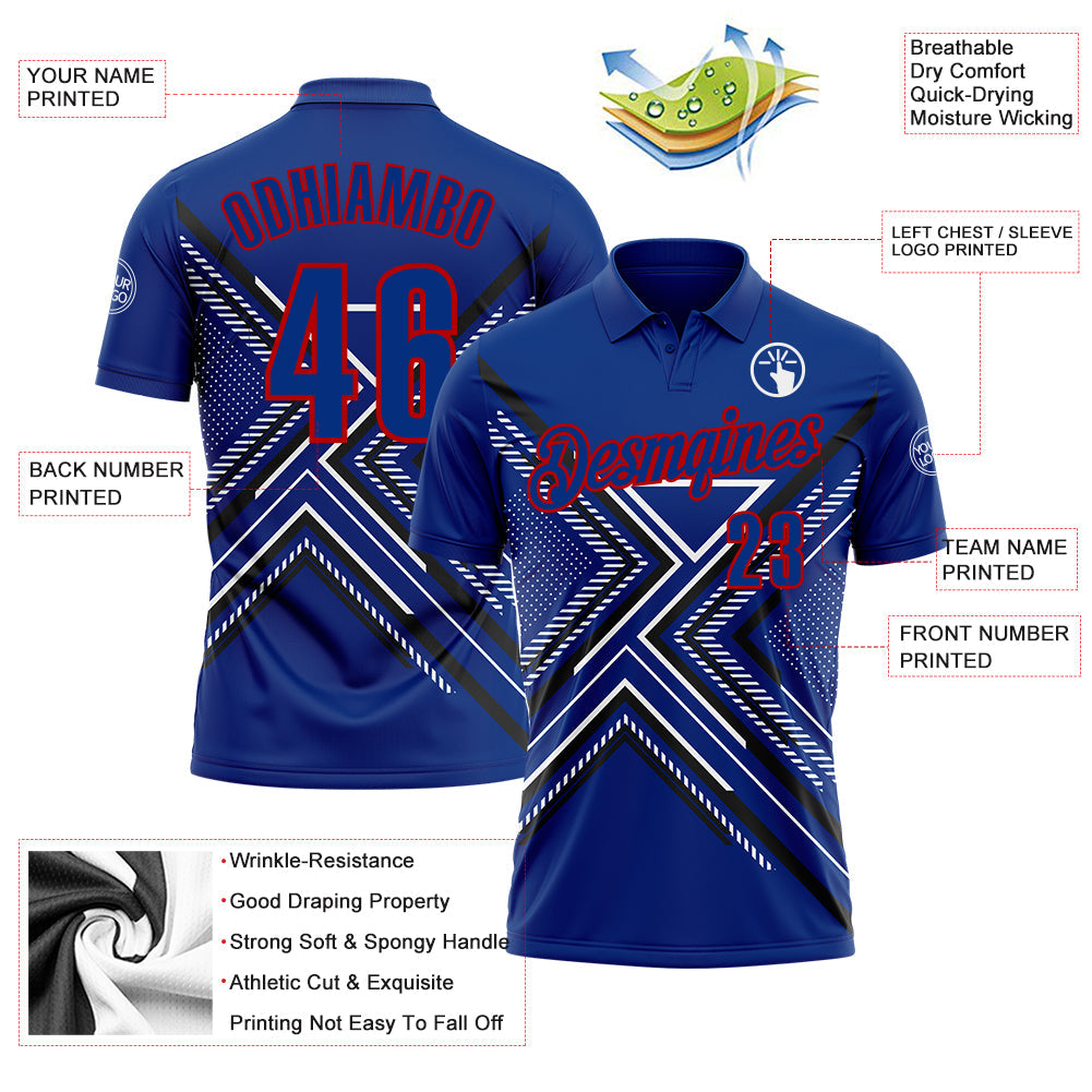 Custom Royal Black Red-White 3D Pattern Design Geometric Shapes Performance Polo Shirt