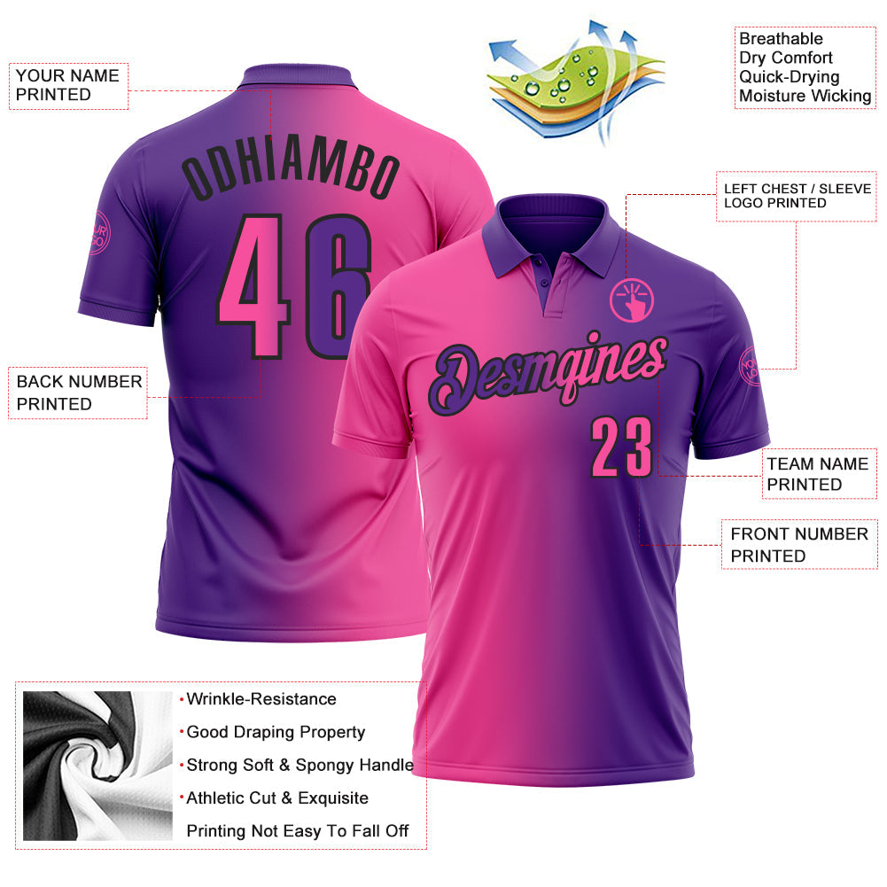 Custom Purple Pink-Black 3D Gradient Fashion Performance Polo Shirt