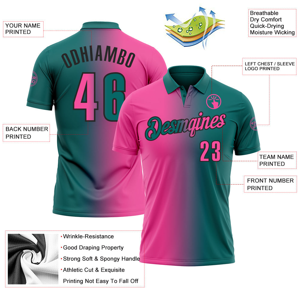 Custom Teal Pink-Black 3D Gradient Fashion Performance Polo Shirt