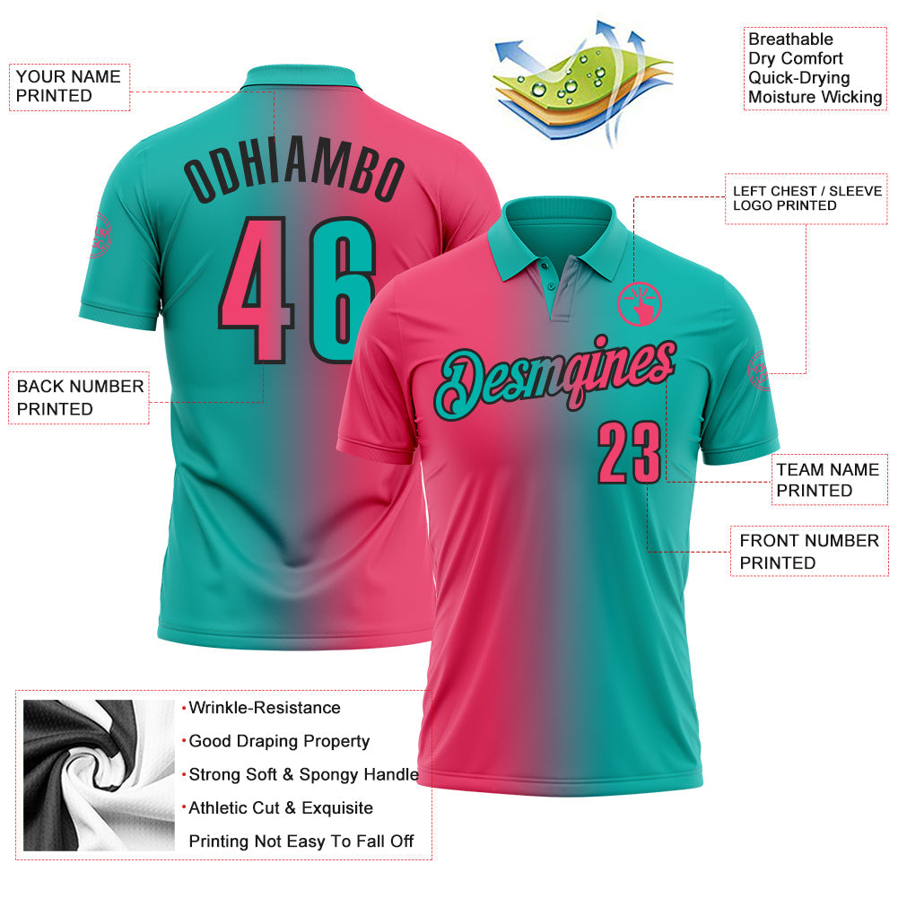 Custom Aqua Neon Pink-Black 3D Gradient Fashion Performance Polo Shirt