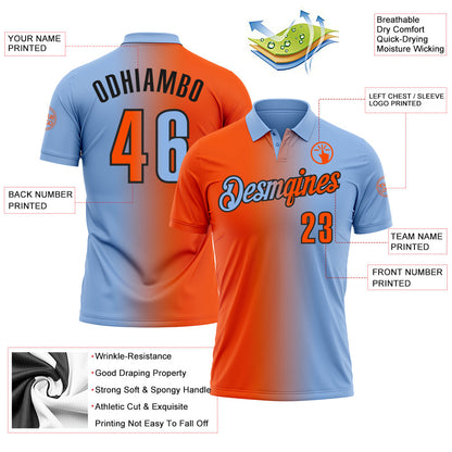 Custom Light Blue Orange-Black 3D Gradient Fashion Performance Polo Shirt