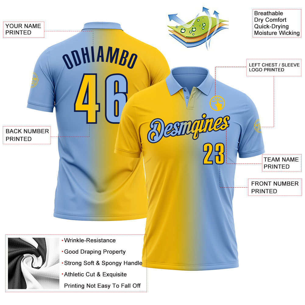 Custom Light Blue Yellow-Navy 3D Gradient Fashion Performance Polo Shirt