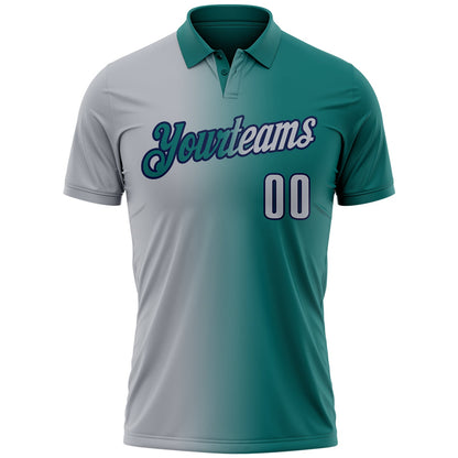 Custom Teal Gray-Navy 3D Gradient Fashion Performance Polo Shirt