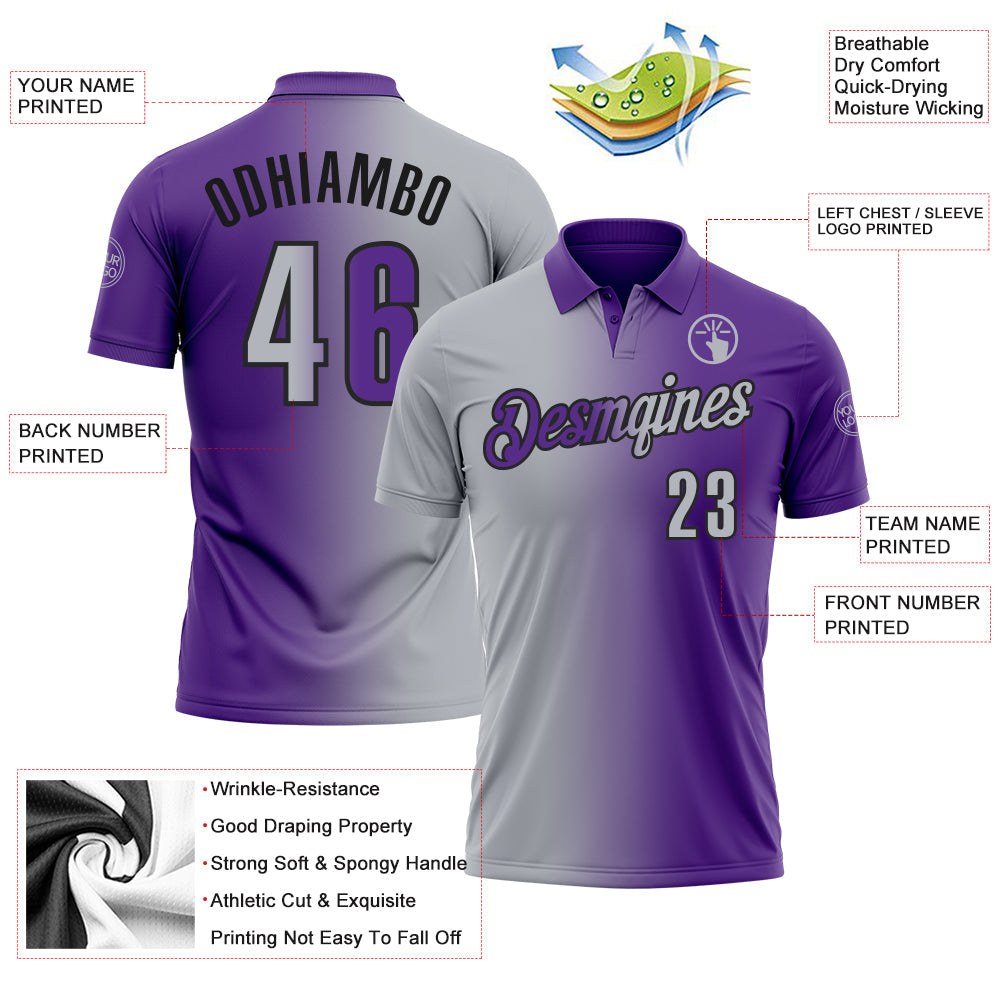 Custom Purple Gray-Black 3D Gradient Fashion Performance Polo Shirt