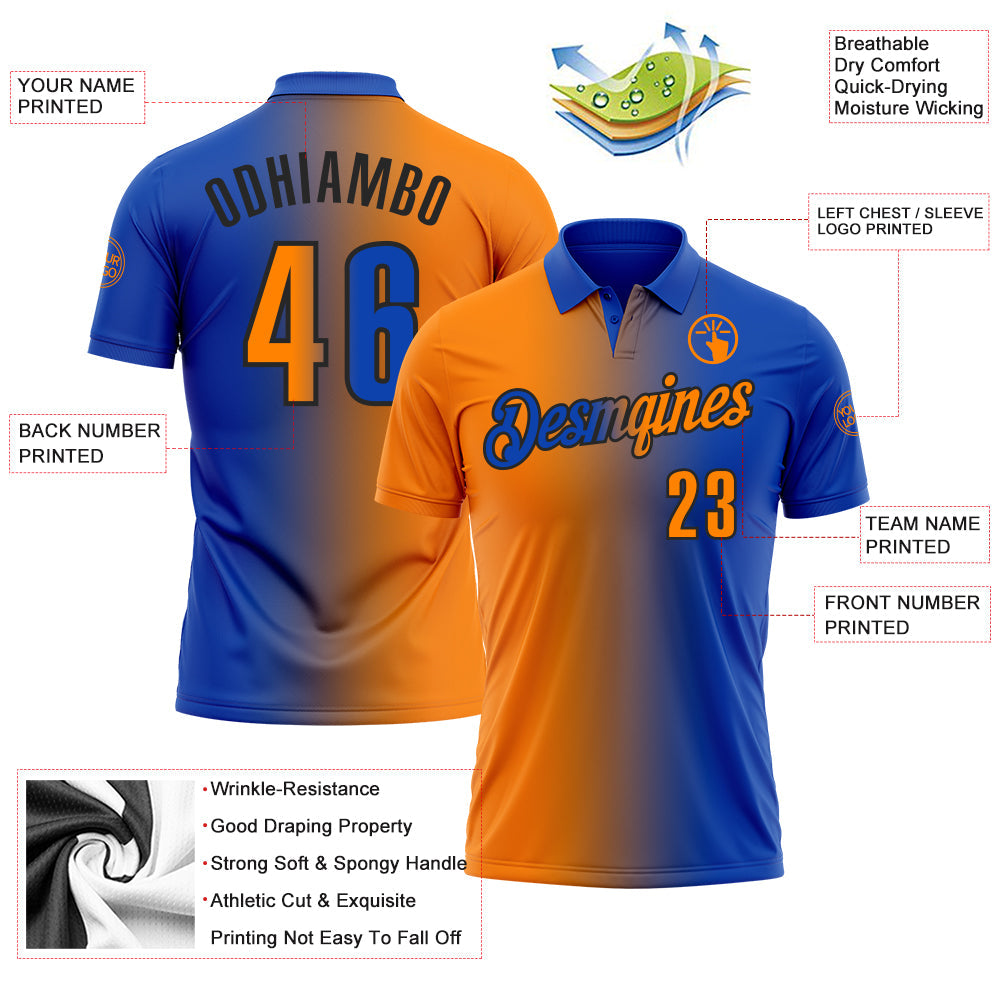 Custom Thunder Blue Bay Orange-Black 3D Gradient Fashion Performance Polo Shirt
