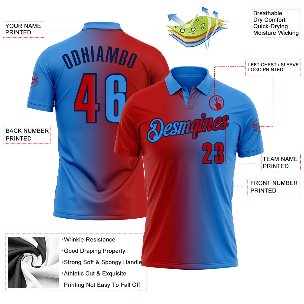 Custom Powder Blue Red-Navy 3D Gradient Fashion Performance Polo Shirt