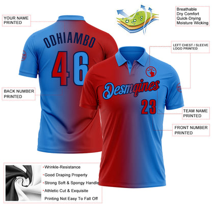 Custom Powder Blue Red-Navy 3D Gradient Fashion Performance Polo Shirt
