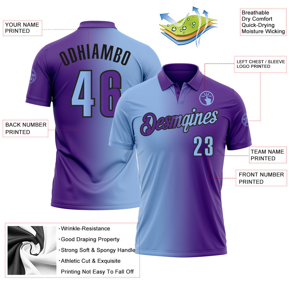 Custom Purple Light Blue-Black 3D Gradient Fashion Performance Polo Shirt
