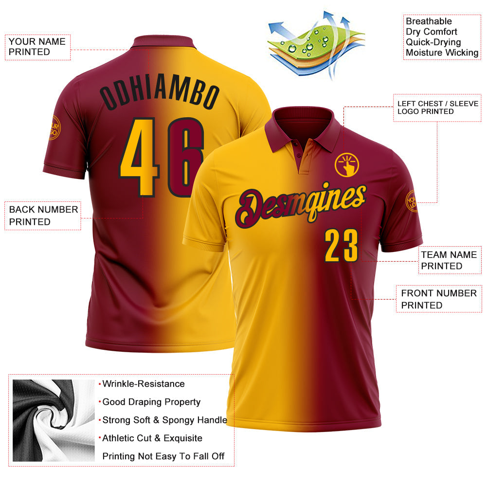 Custom Maroon Gold-Black 3D Gradient Fashion Performance Polo Shirt
