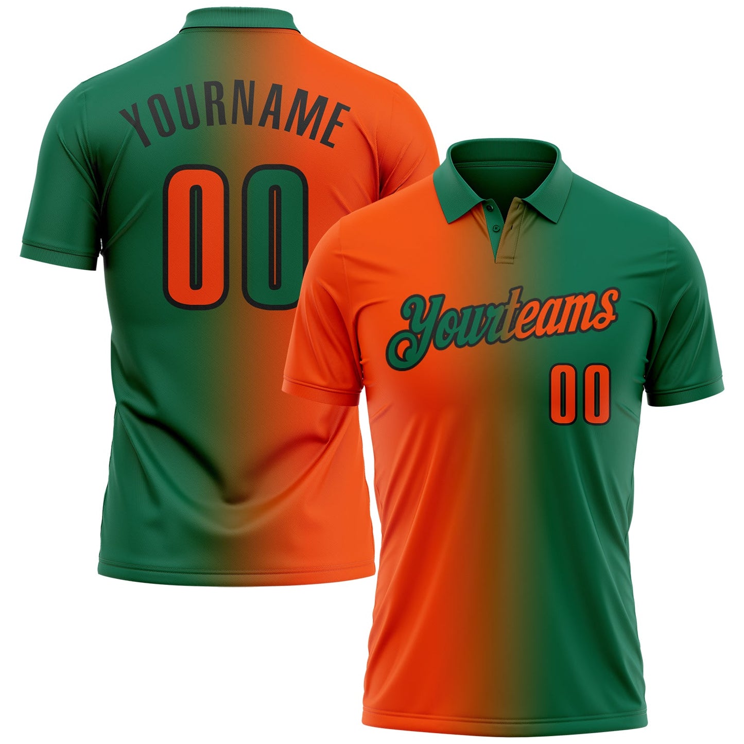 Custom Kelly Green Orange-Black 3D Gradient Fashion Performance Polo Shirt