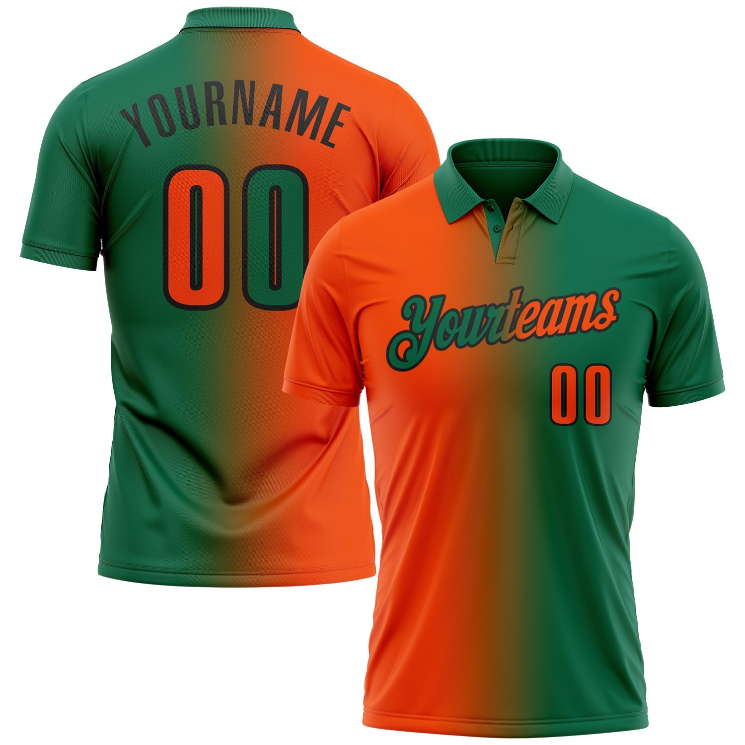 Custom Kelly Green Orange-Black 3D Gradient Fashion Performance Polo Shirt