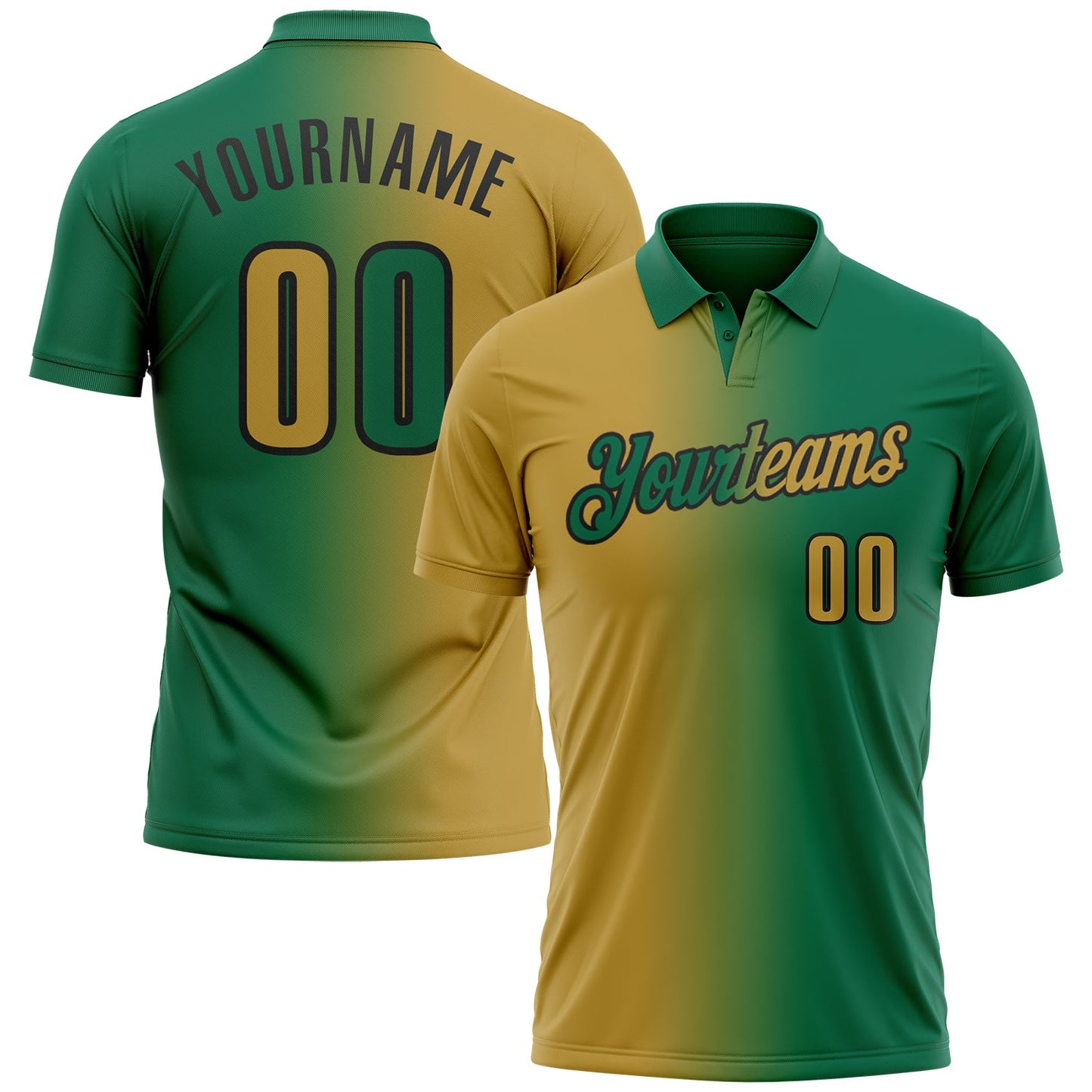 Custom Kelly Green Old Gold-Black 3D Gradient Fashion Performance Polo Shirt