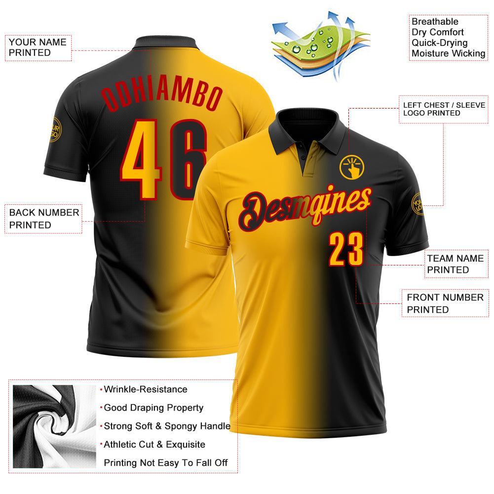 Custom Black Gold-Red 3D Gradient Fashion Performance Polo Shirt