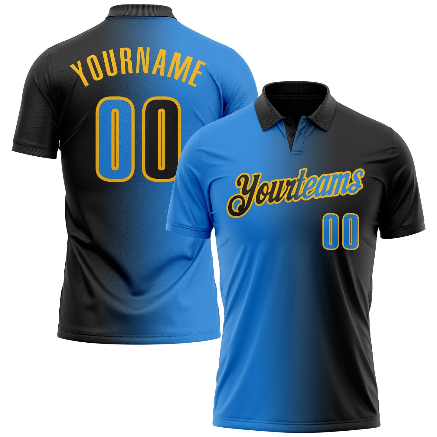 Custom Black Powder Blue-Gold 3D Gradient Fashion Performance Polo Shirt
