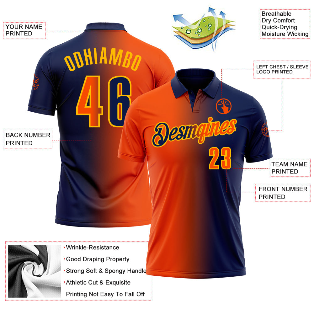 Custom Navy Orange-Gold 3D Gradient Fashion Performance Polo Shirt