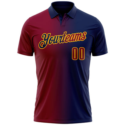 Custom Navy Maroon-Gold 3D Gradient Fashion Performance Polo Shirt