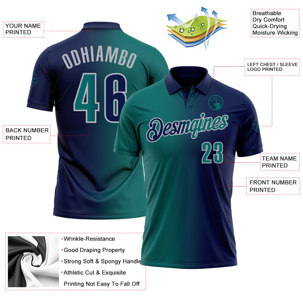 Custom Navy Teal-Gray 3D Gradient Fashion Performance Polo Shirt
