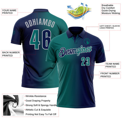 Custom Navy Teal-Gray 3D Gradient Fashion Performance Polo Shirt
