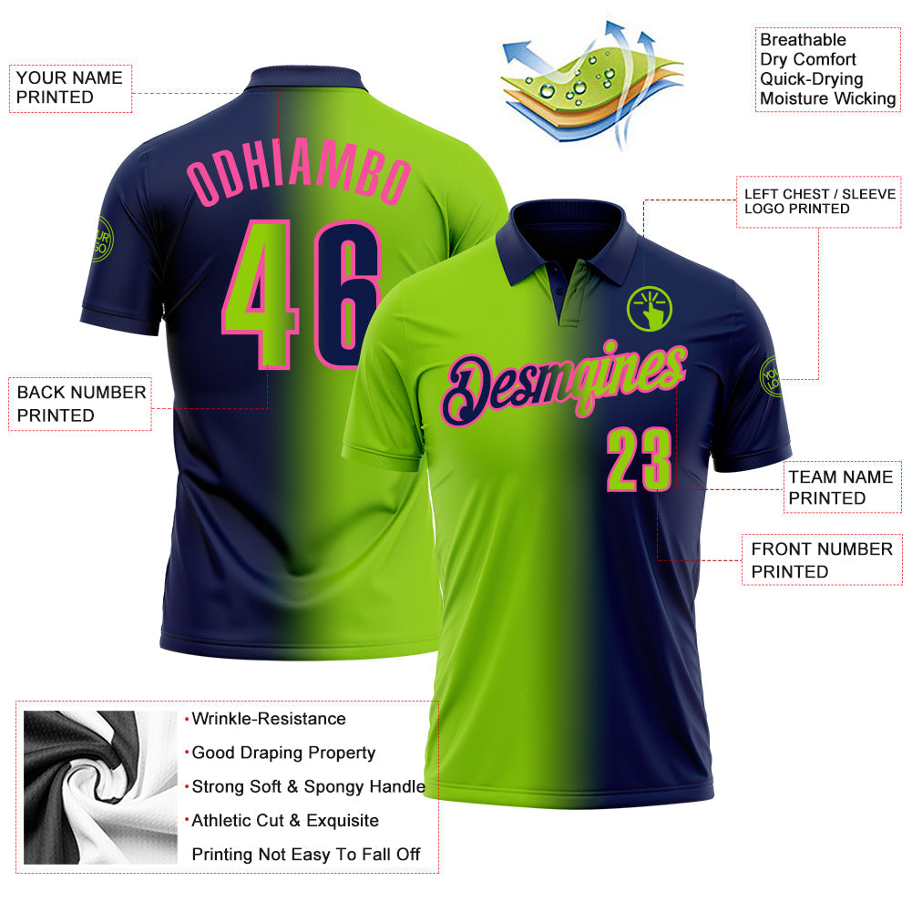 Custom Navy Neon Green-Pink 3D Gradient Fashion Performance Polo Shirt