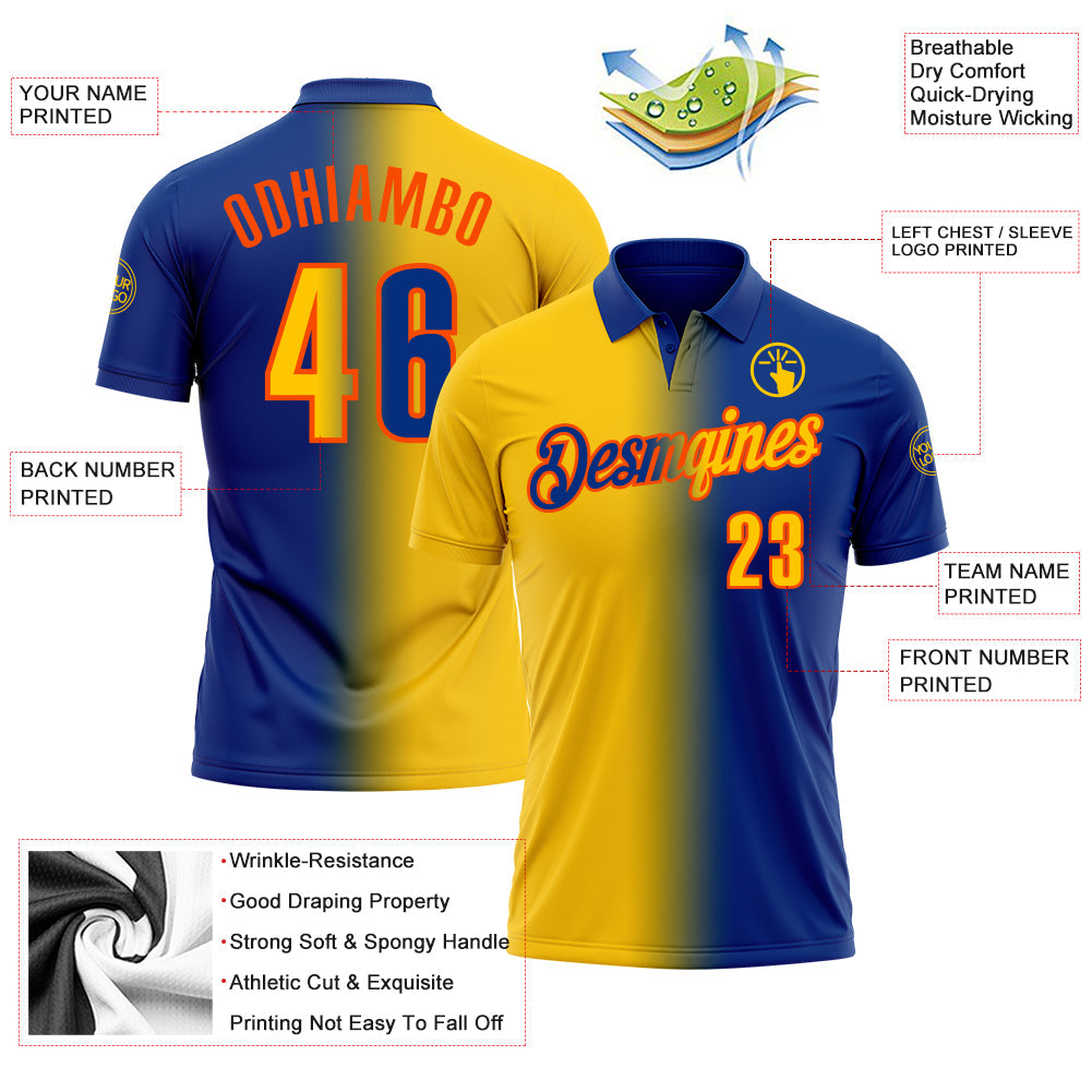 Custom Royal Yellow-Orange 3D Gradient Fashion Performance Polo Shirt