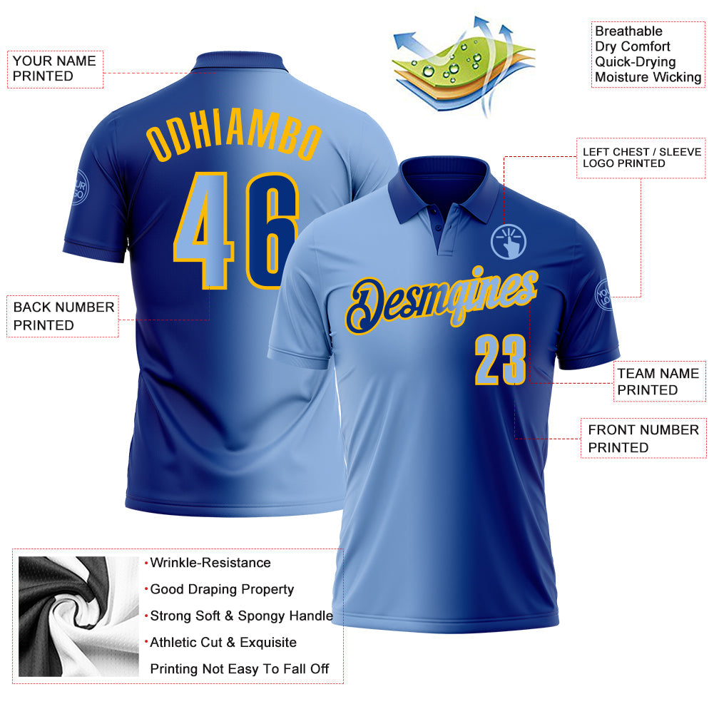 Custom Royal Light Blue-Gold 3D Gradient Fashion Performance Polo Shirt