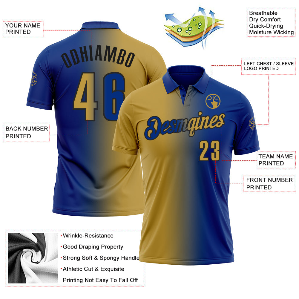 Custom Royal Old Gold-Black 3D Gradient Fashion Performance Polo Shirt