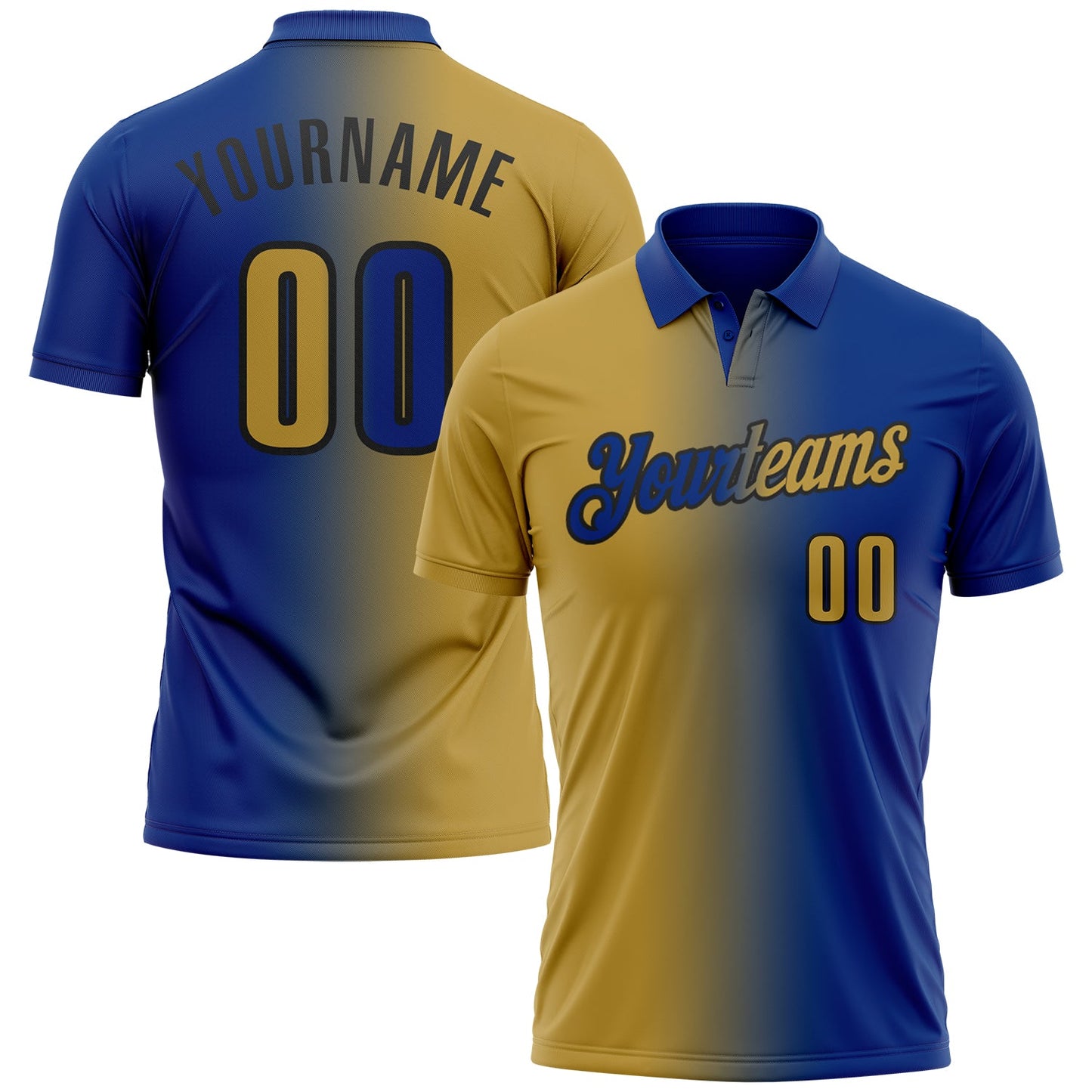 Custom Royal Old Gold-Black 3D Gradient Fashion Performance Polo Shirt