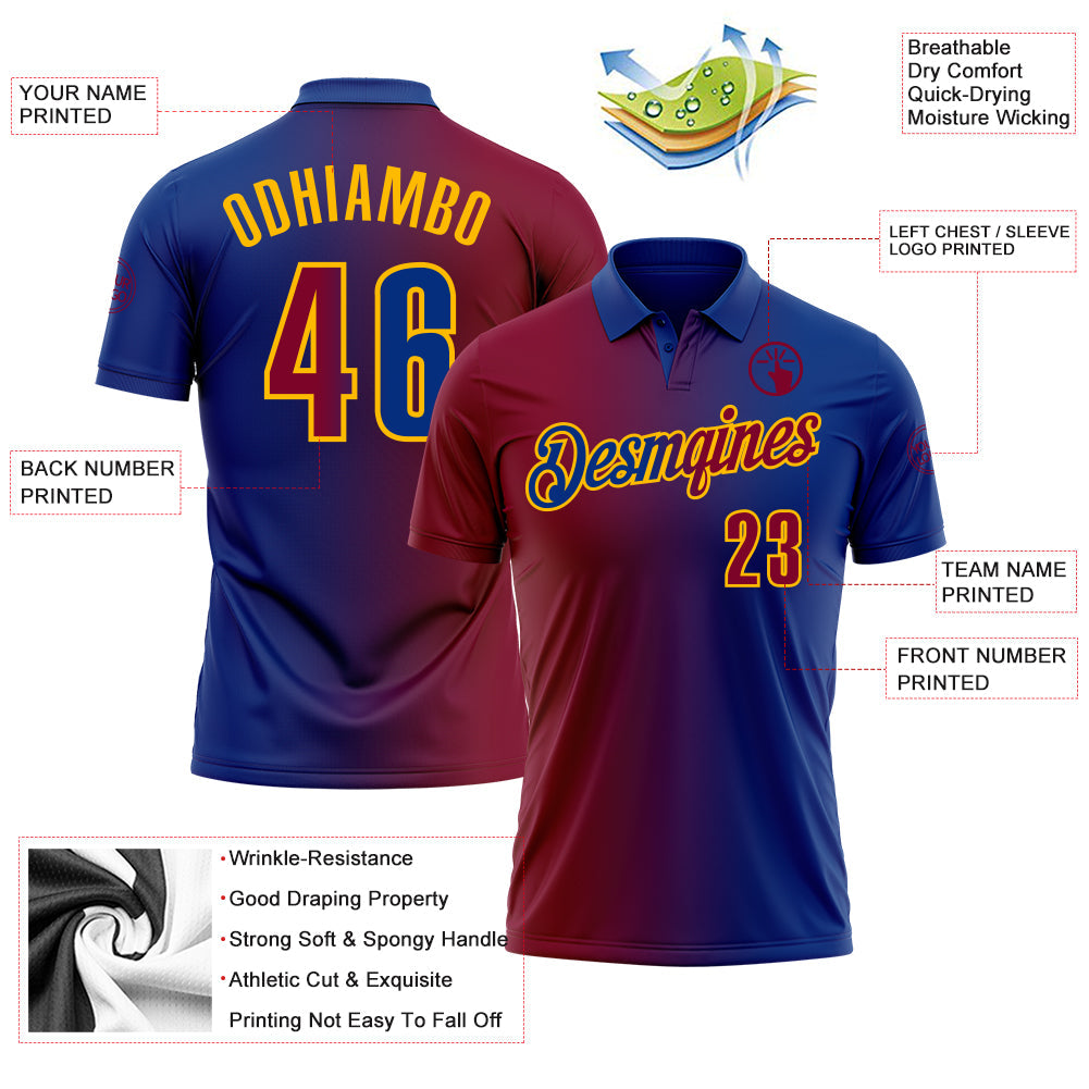Custom Royal Maroon-Gold 3D Gradient Fashion Performance Polo Shirt