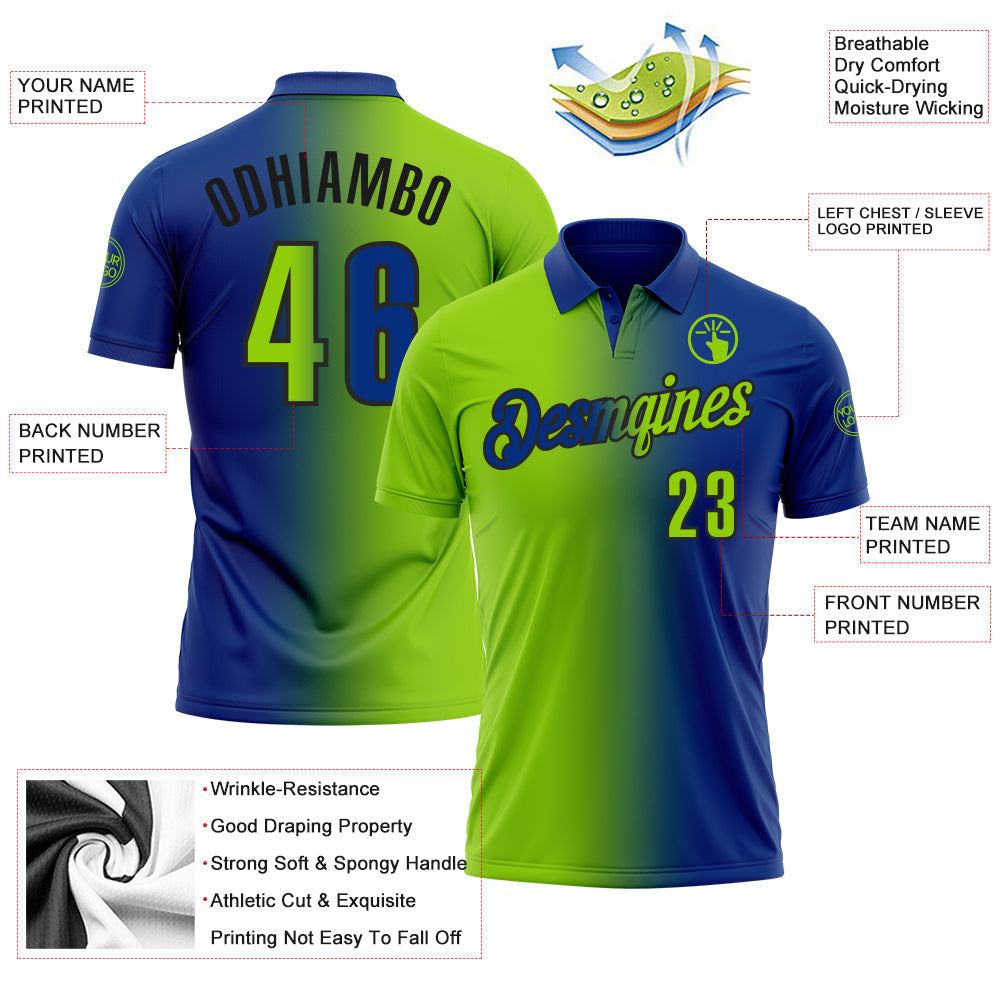 Custom Royal Neon Green-Black 3D Gradient Fashion Performance Polo Shirt