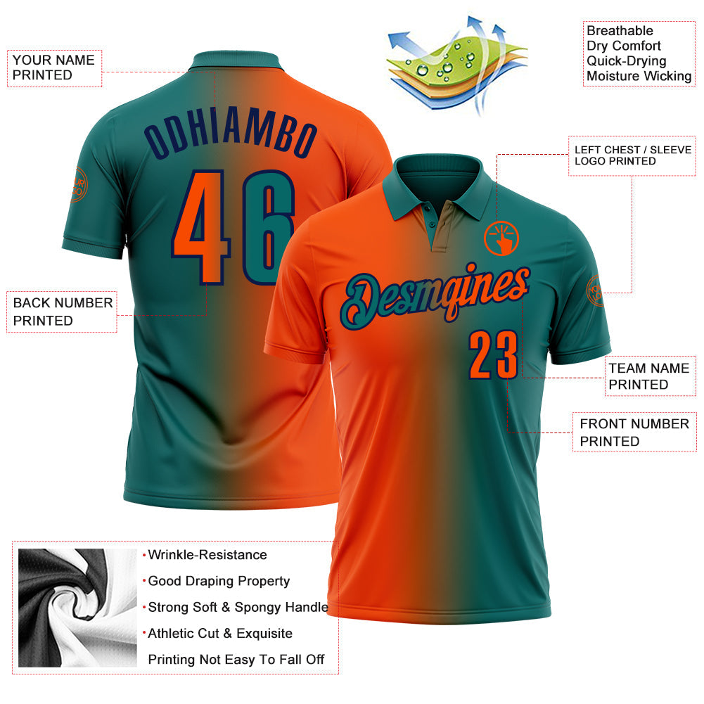 Custom Teal Orange-Navy 3D Gradient Fashion Performance Polo Shirt